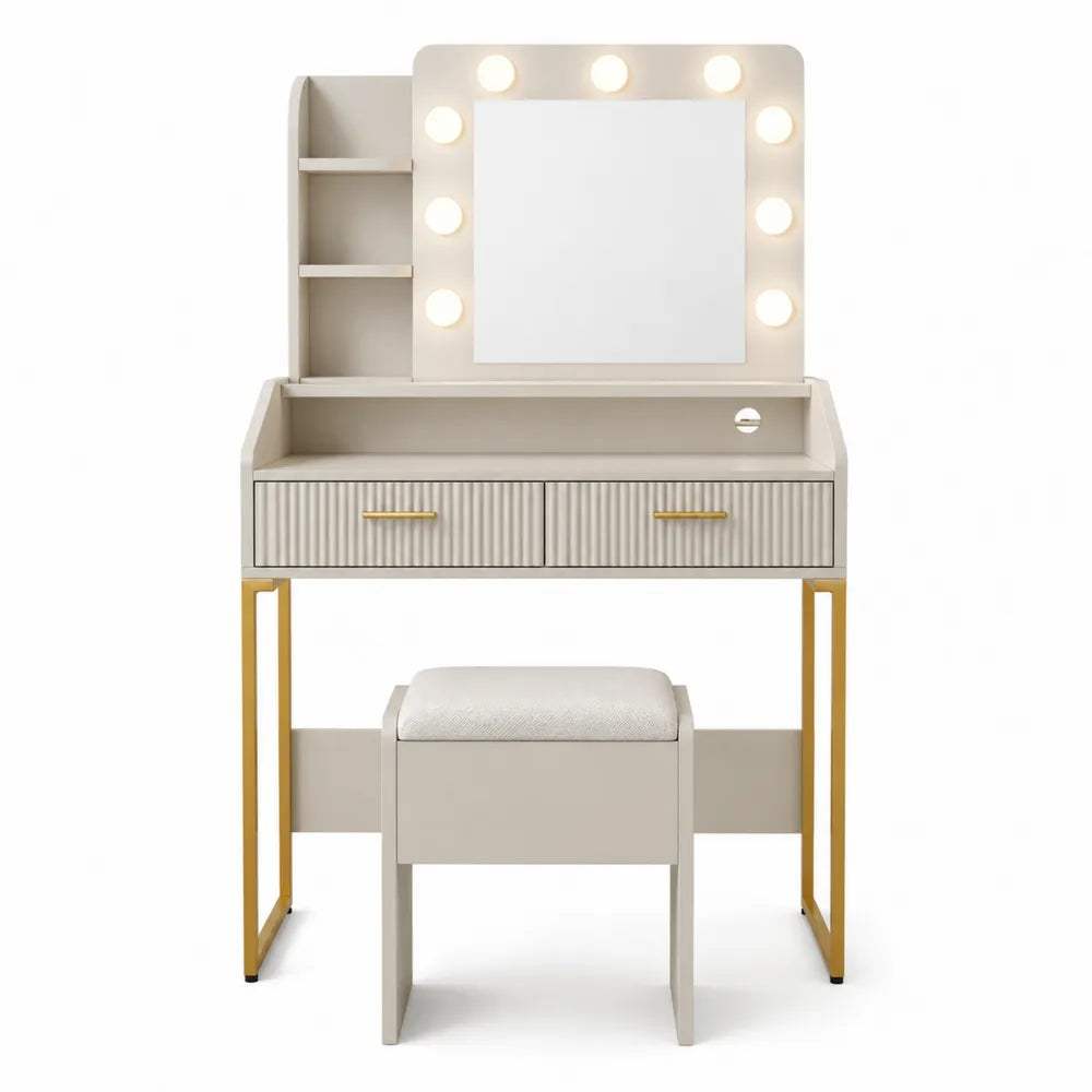 Toaletka z lustrem LED i taboretem, MDF i stal, kremowa