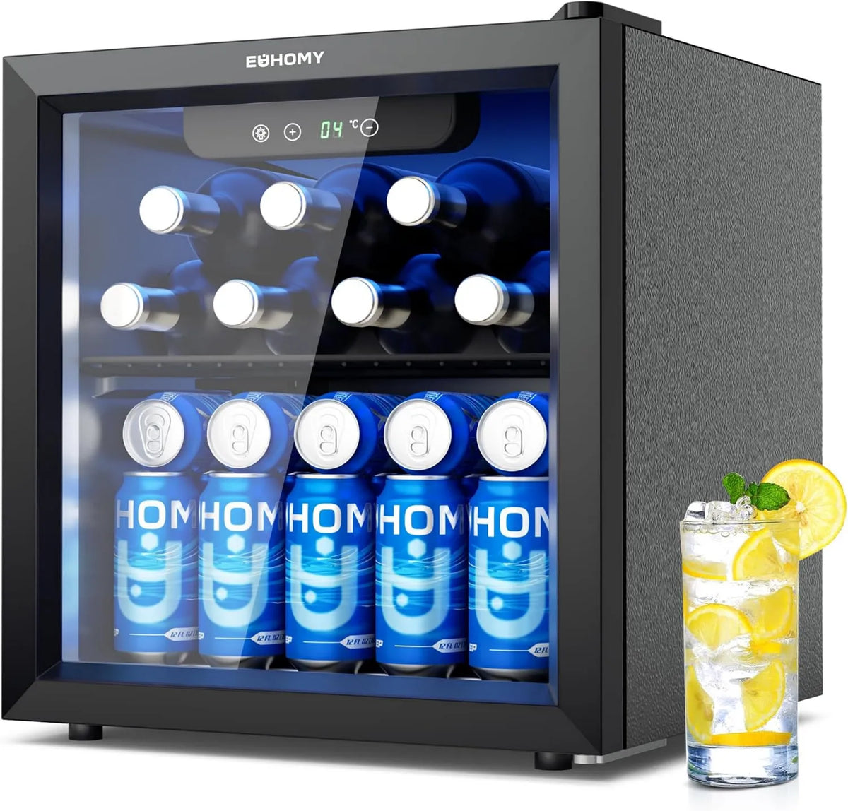 EUHOMY chłodziarka do napojów, Piwnica elektryczna, 36 l, 43 dB, szkło, stojący samotnie, cichy, czarny, mini lodówka dla 55 Puszek, Pokój lub bar czarny