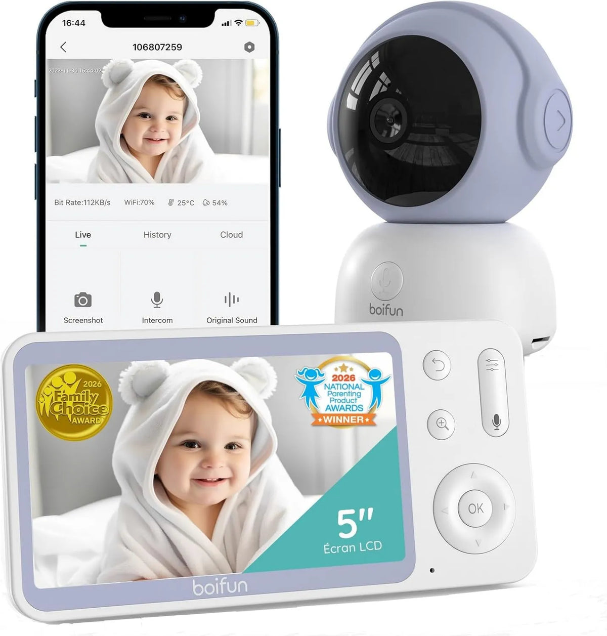 BOIFUN, 55: 00 Babyphone, Monitor wideo dla dzieci, WiFi, 2 strefy temperatur