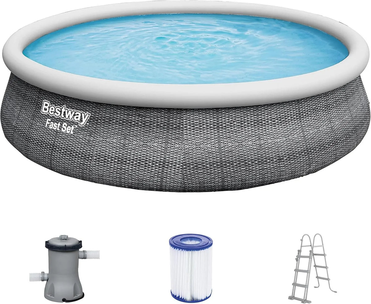 Basen ogrodowy, 107 cm, 457 x 107 cm, 12 362 l, Bestway Fast Set Basen, kompletny zestaw z pompą filtrującą, szary wygląd rattanu