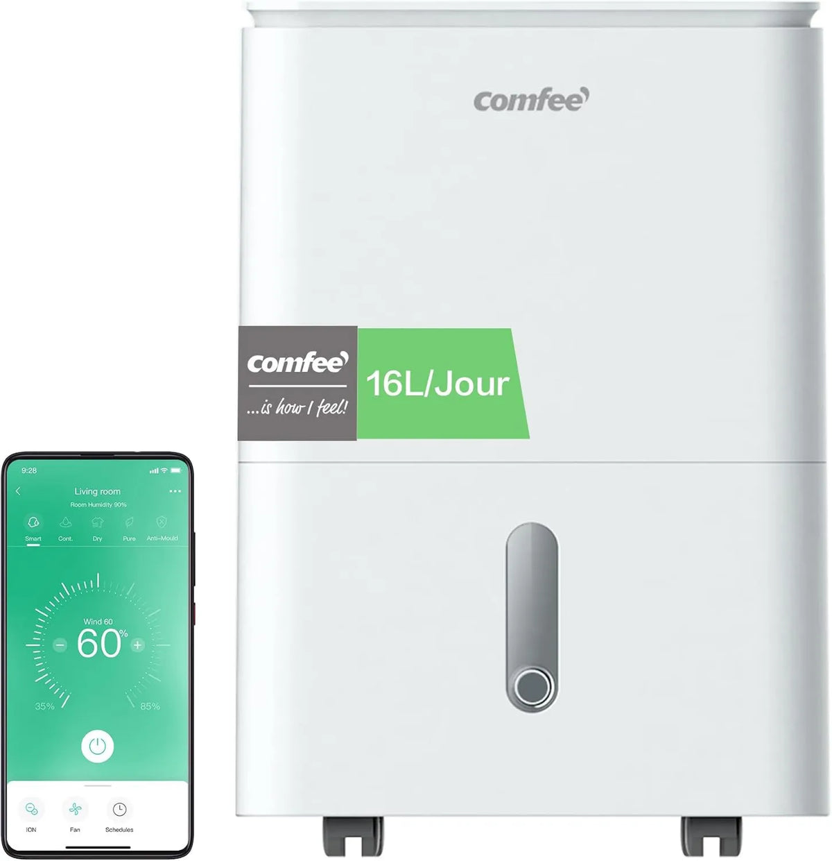 Comfee osuszacz powietrza, Denawilżacz, 16 l, '2-EN-1 16 l- Day, Idealny do 29- 44 m² części, APP sterowanie, Easy Dry 16, 4 tryby 16 l-Jour