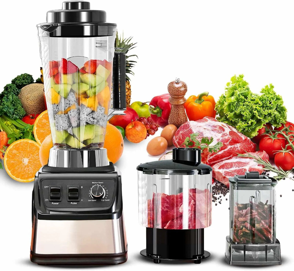 XOQUAI blender kielichowy, Mikser, 3 l, profesjonalny, stal nierdzewna, 3 doniczki i 15 regulowanych prędkości, 8 arkuszy ostrza ze stali nierdzewnej