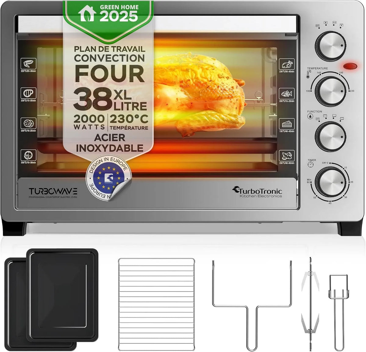 TurboTronic By Z-LINE mini piekarnik, Piec elektryczny, 38 l, 2000 W, TurboTronic EVS38, kompaktowy, 230°C, Piec obrotowy o wysokiej pozycji cieplnej, Srebrny