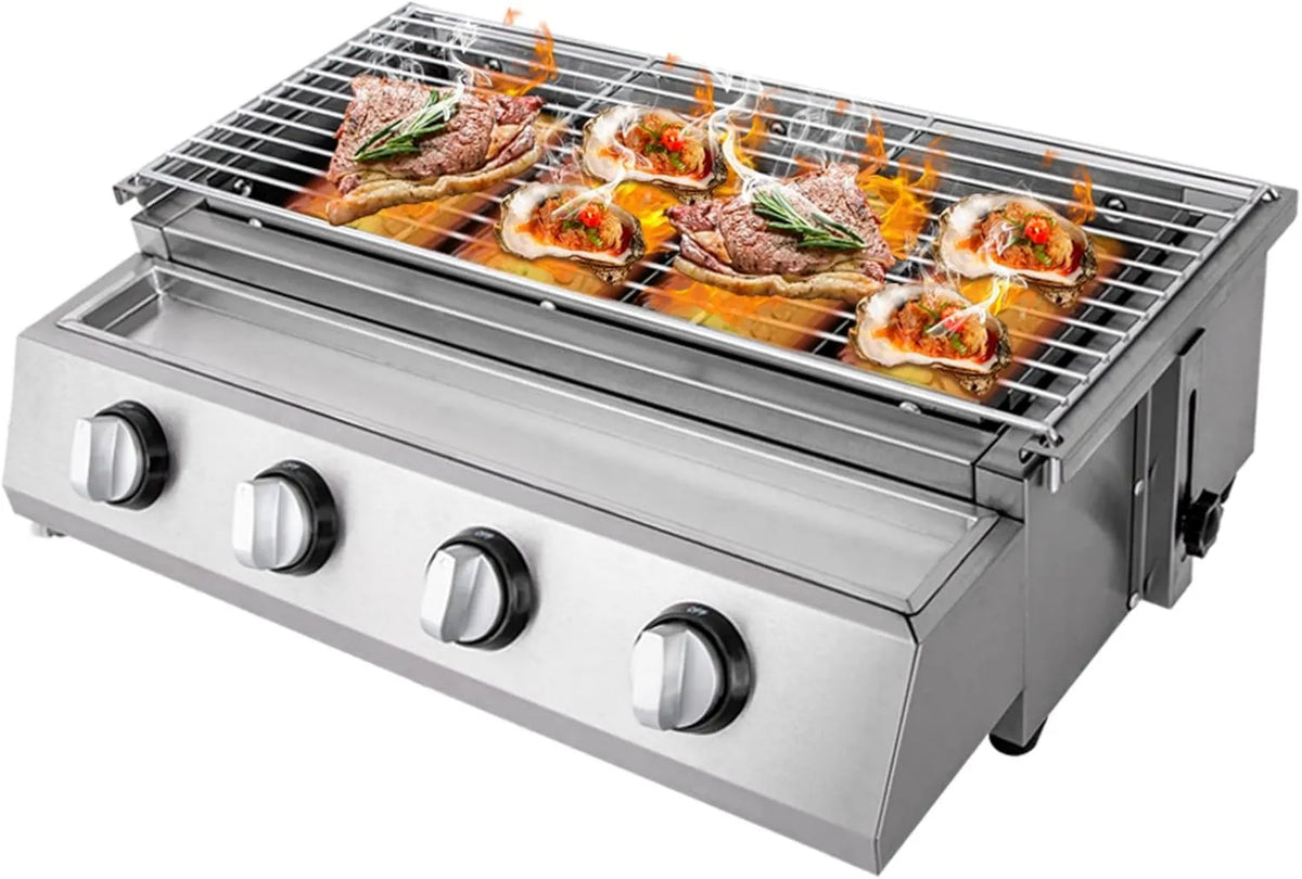 Grill gazowy, 2800 Pa, 8,5 kg, 200 mm, funkcja grilla, TFCFL Grill gazowy kombi z rusztem do grillowania, 4-palnikowy grill gazowy