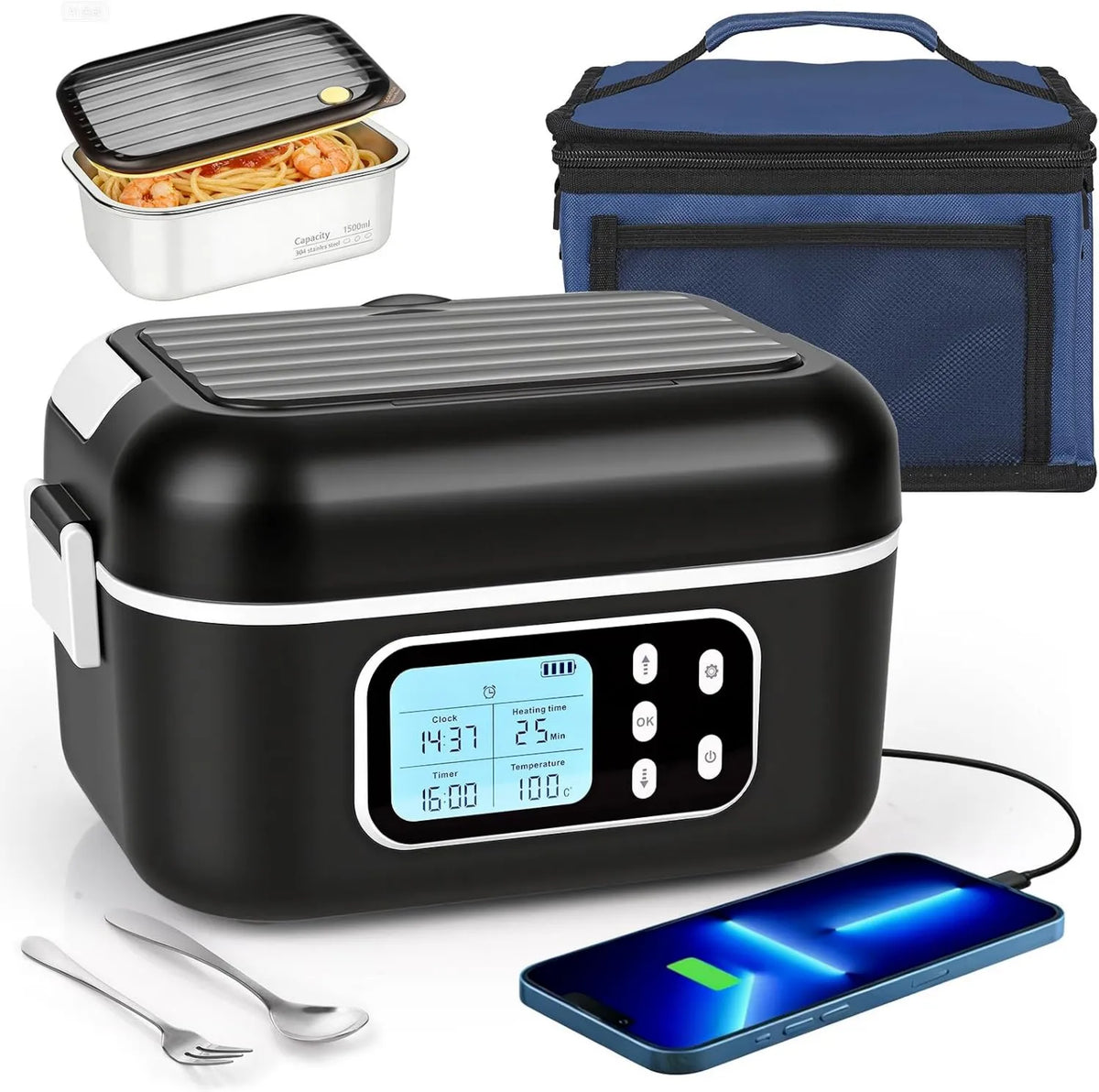 Dreamhigh, Grzejnik elektryczny, 1, 5 l, czarny, Ogrzewanie pudełko Posiłki 24000 mAh Rechareble, Gamelle Chauffante Bateria 1.5 l