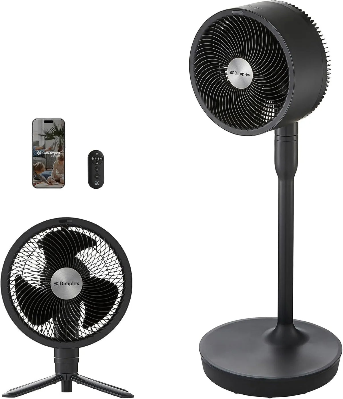 DIMPLEX, Google 2- in-1 wentylator, 36 dB, tłumik, asystent Google, Alexa i Siri, czarny, 20 m zakres, akumulator 45 h, 5 prędkości + Turbo, Aplikacja 2-en-1