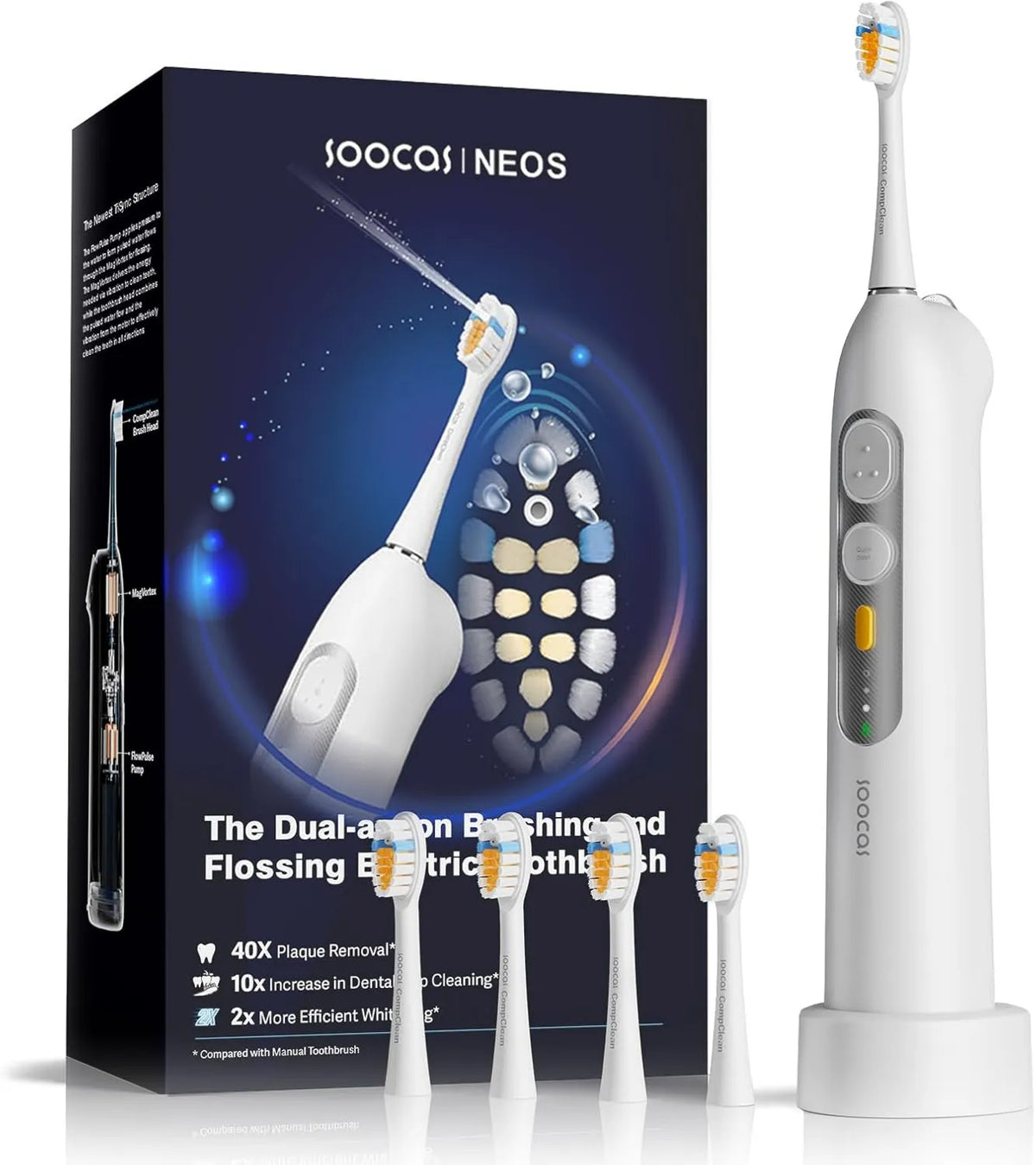 SOOCAS, 40x Szczotka, szczoteczka do zębów wielokrotnego użytku, elektryczny hydropuls dentystyczny, duży zbiornik, bezprzewodowy, dorosły