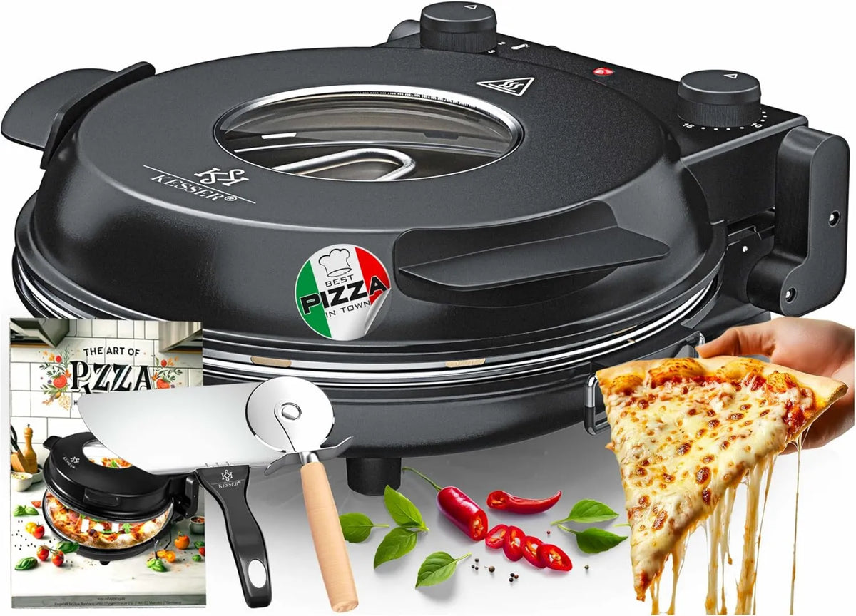 KESSER piec do pizzy, Elektryczny, 32 cm, 1200 W, zegar, 5 poziomów ciepła i okna, piekarnik do pizzy elektrycznej do 400 stopni