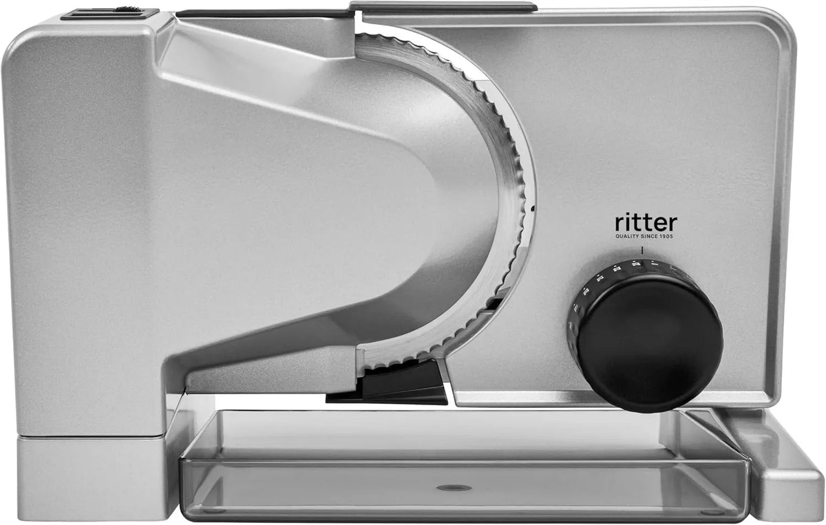 Ritter krajalnica uniwersalna serano 7, 230 V, 130 W, krajalnica elektryczna z silnikiem prądu stałego, wyprodukowana w Niemczech, kolor srebrny metal