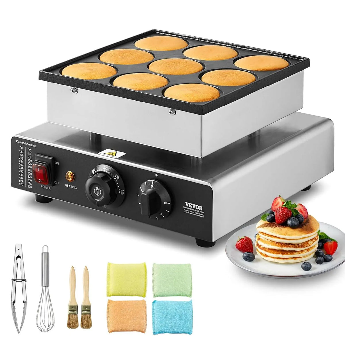 VEVOR gofrownica / opiekacz, WEVOR 9PC mini crepes, Apleratus, 850 W, 76 mm, profesjonalny, restauracja, powłoka niekleju, stal nierdzewna 9PCs