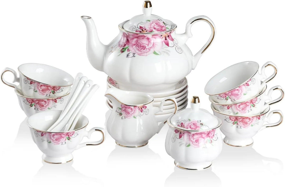 Sweejar Home, czajniki i łyżki, herbaty i spodki do kawy, Sweejar Strona główna Herbata Serwis 21 sztuk porcelany, vintage kwiatowy serwis herbaty dla dorosłych