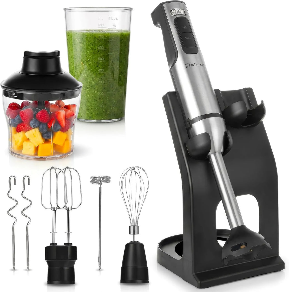LEHMANN blender ręczny, Mikser, 2000 W, Puchar 800 ml & Hachier 600 ml, 12 prędkości i Turbo funkcja, 7 akcesoriów, bez BPA