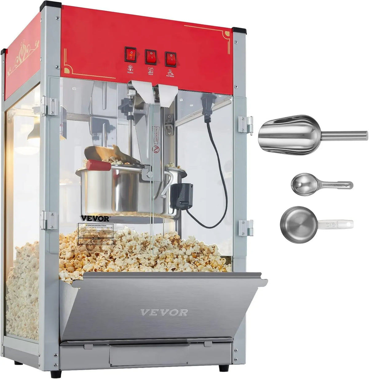 Maszyna do popcornu, 1440 W, 80 filiżanek, VEVOR Maszyna do popcornu, z kociołkiem o pojemności 12 oz, na maks. 80 filiżanek na ładowanie