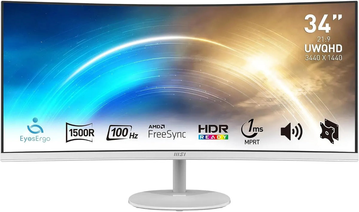MSI monitor komputerowy, Dalle VA 3440x1440, Pro MP341CQW Zakrzywiony ekran profesjonalny 34 'UWQHD, 100 Hz, 1ms MP341CQW 1500R, DisplayPort, Curvature 1500R, VESA kompatybilny