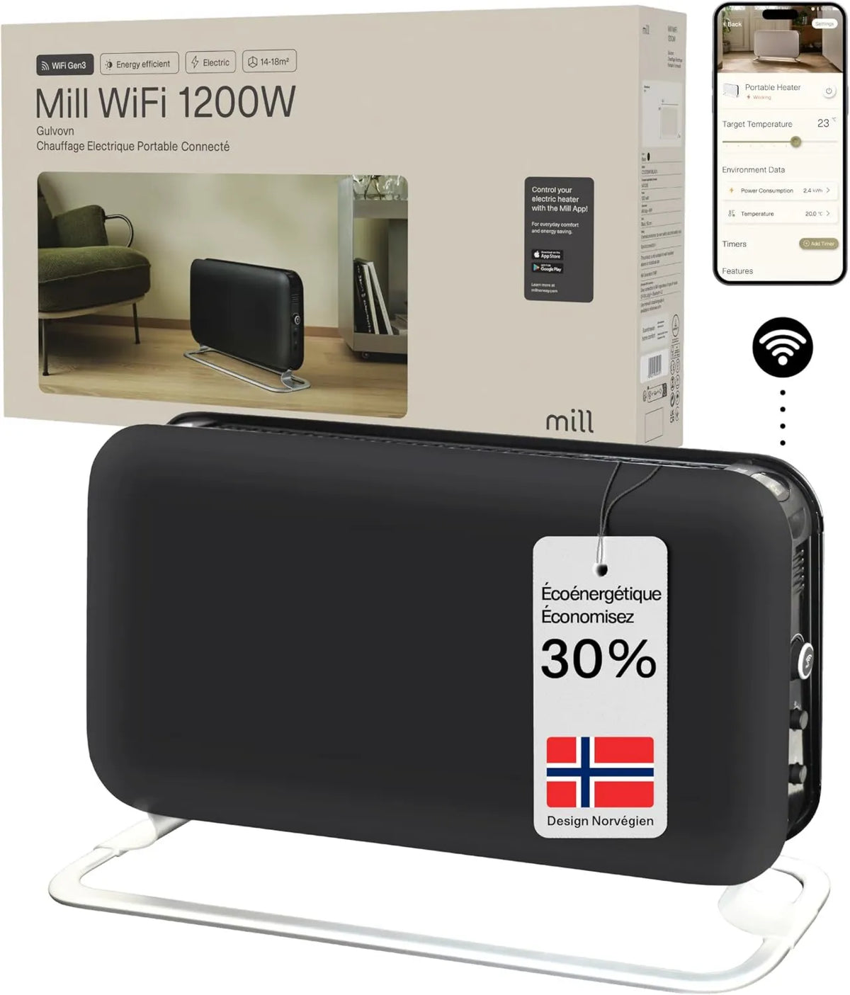 Mill grzejnik elektryczny, Elektryczna grzejnik, 1200 W, przenośny, WiFi, cichy, 2 strefy temperaturowe, czarny